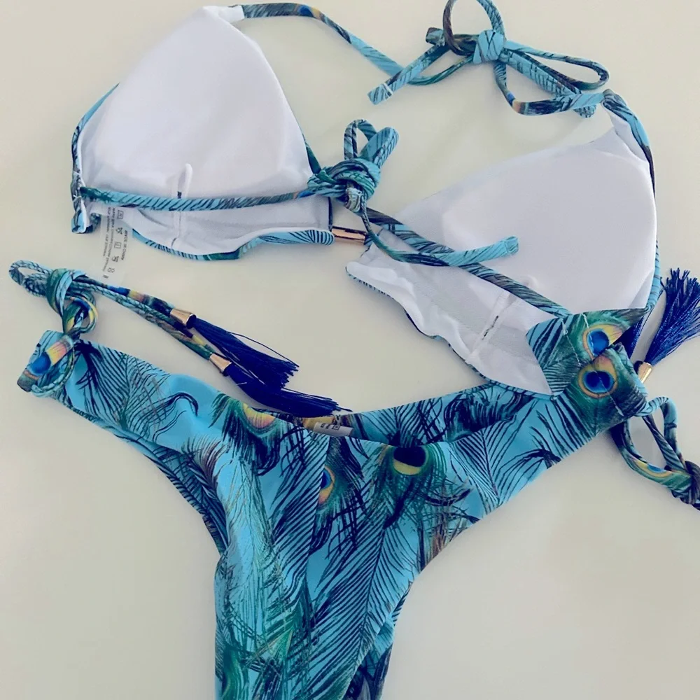 Turquoise Blue Peacock Thong Bikini Size L - Picture 3 of 6